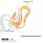 Gold ring with a clear gemstone, showing measurements and product details on a white background.