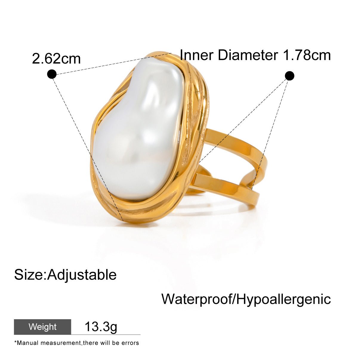 Gold ring with a large white pearl, showing measurements and properties on a white background.