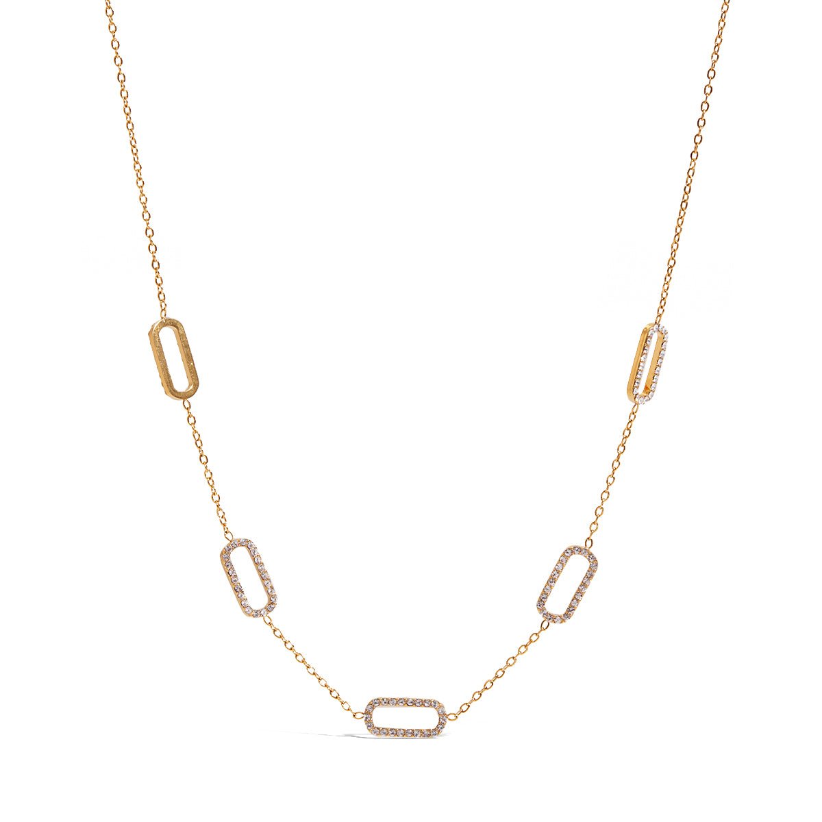 Gold necklace with geometric links on a white background