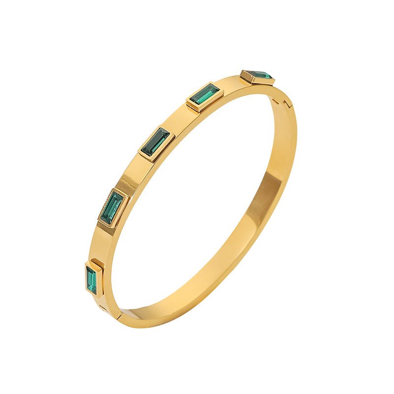 Hinged bangle with rectangular green stones
