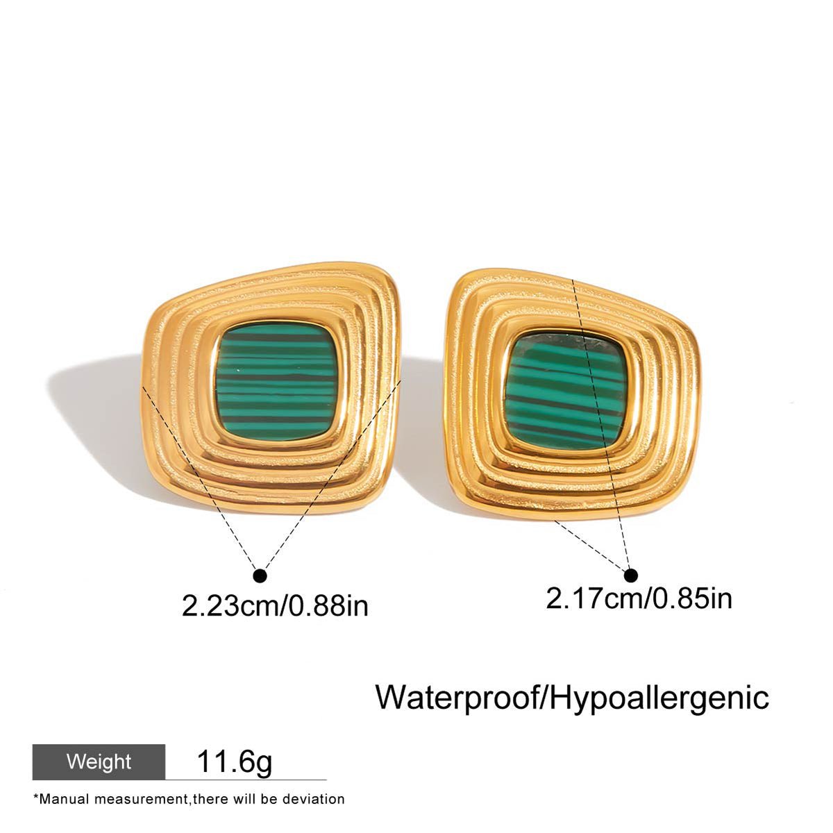 Gold and green earrings with measurements and product details on a white background