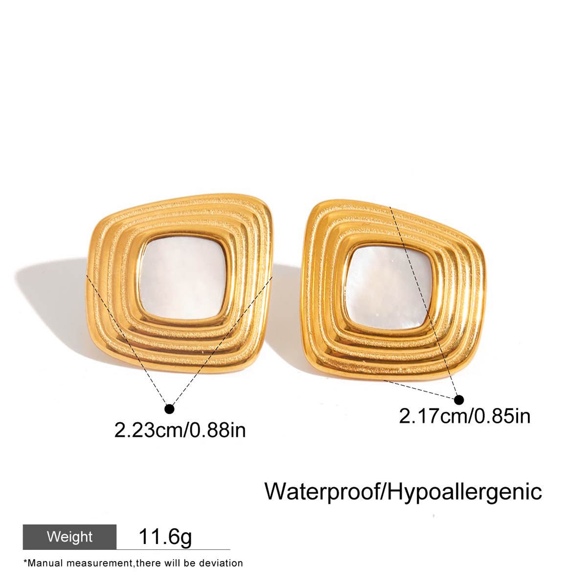 Gold earrings with measurements and product details on a white background