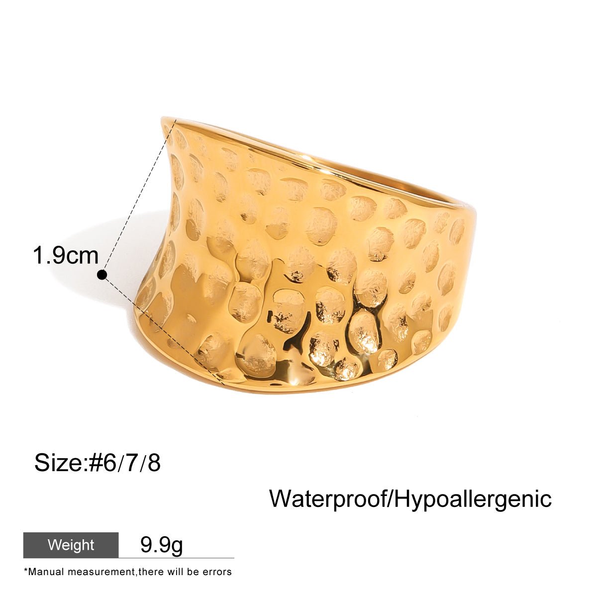 Gold ring with textured design on a white background, showing size, weight, and material information.