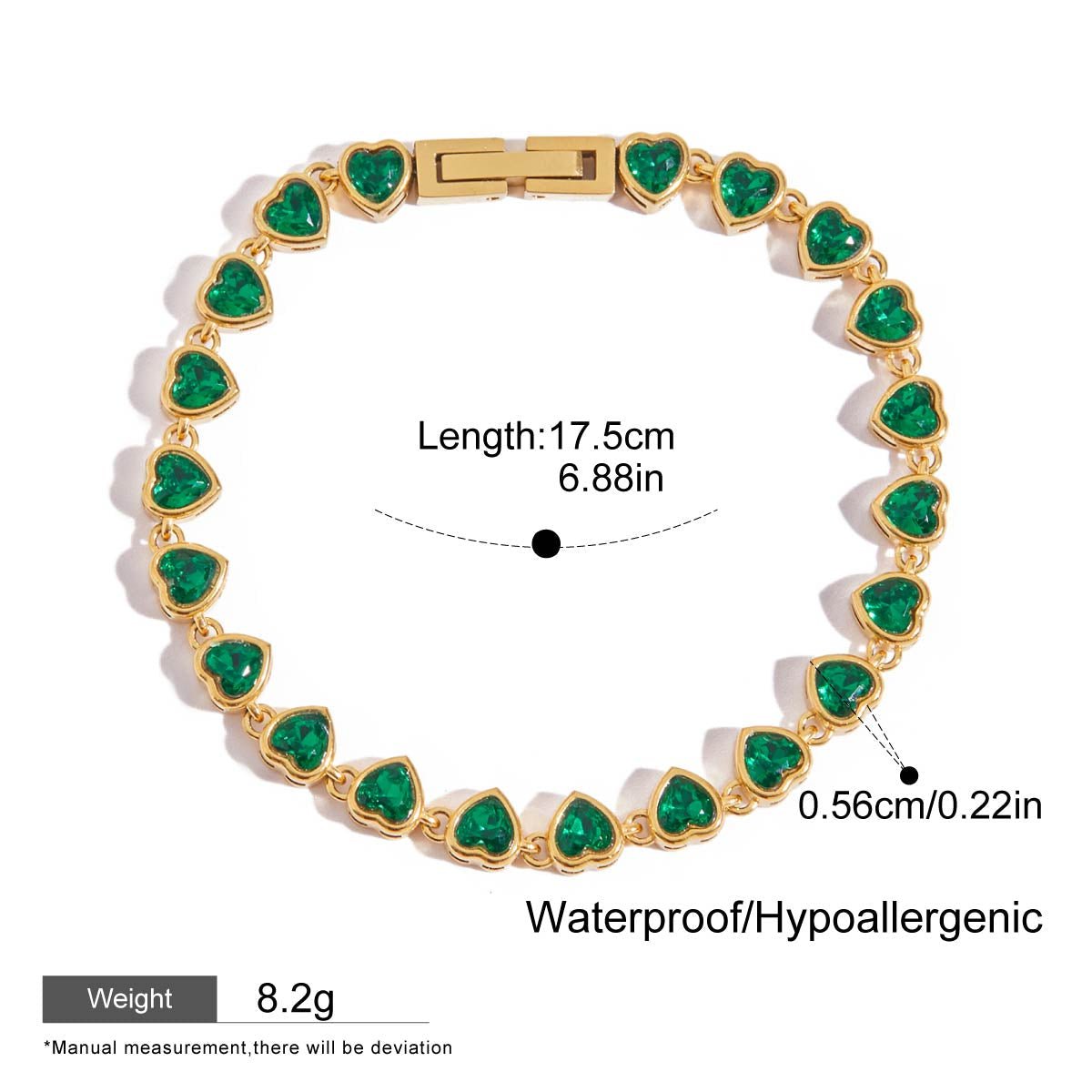 18k gold-filled heart emerald bracelet flat lay