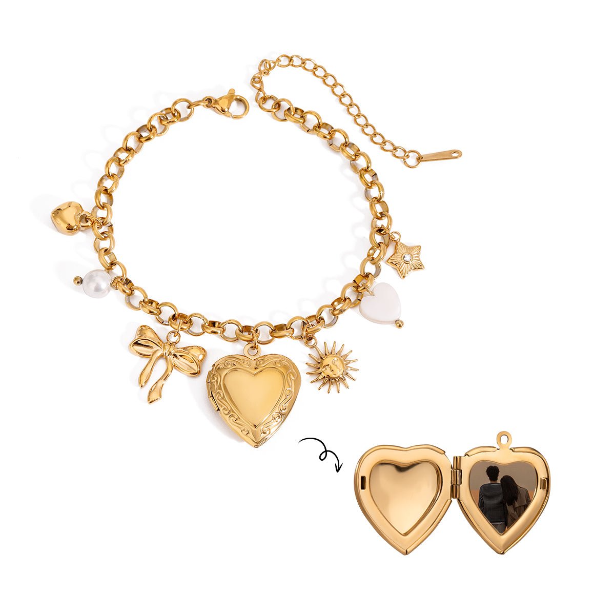 Gold bracelet with heart-shaped locket and various charms on a white background