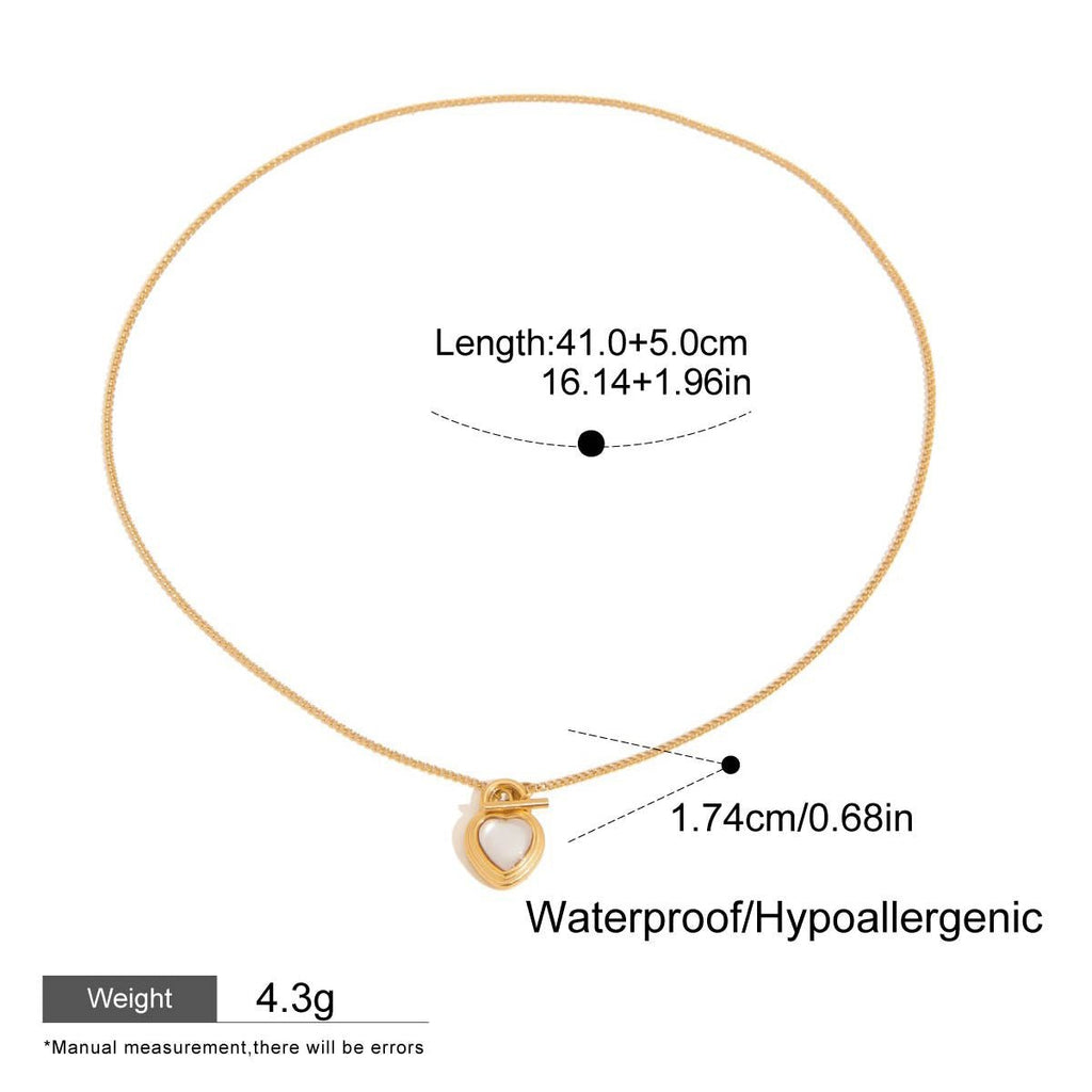 Gold necklace with measurements and product details on a white background