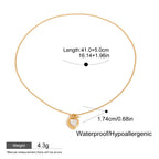 Gold necklace with measurements and product details on a white background