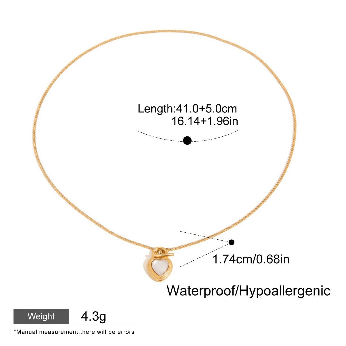 Gold necklace with measurements and product details on a white background