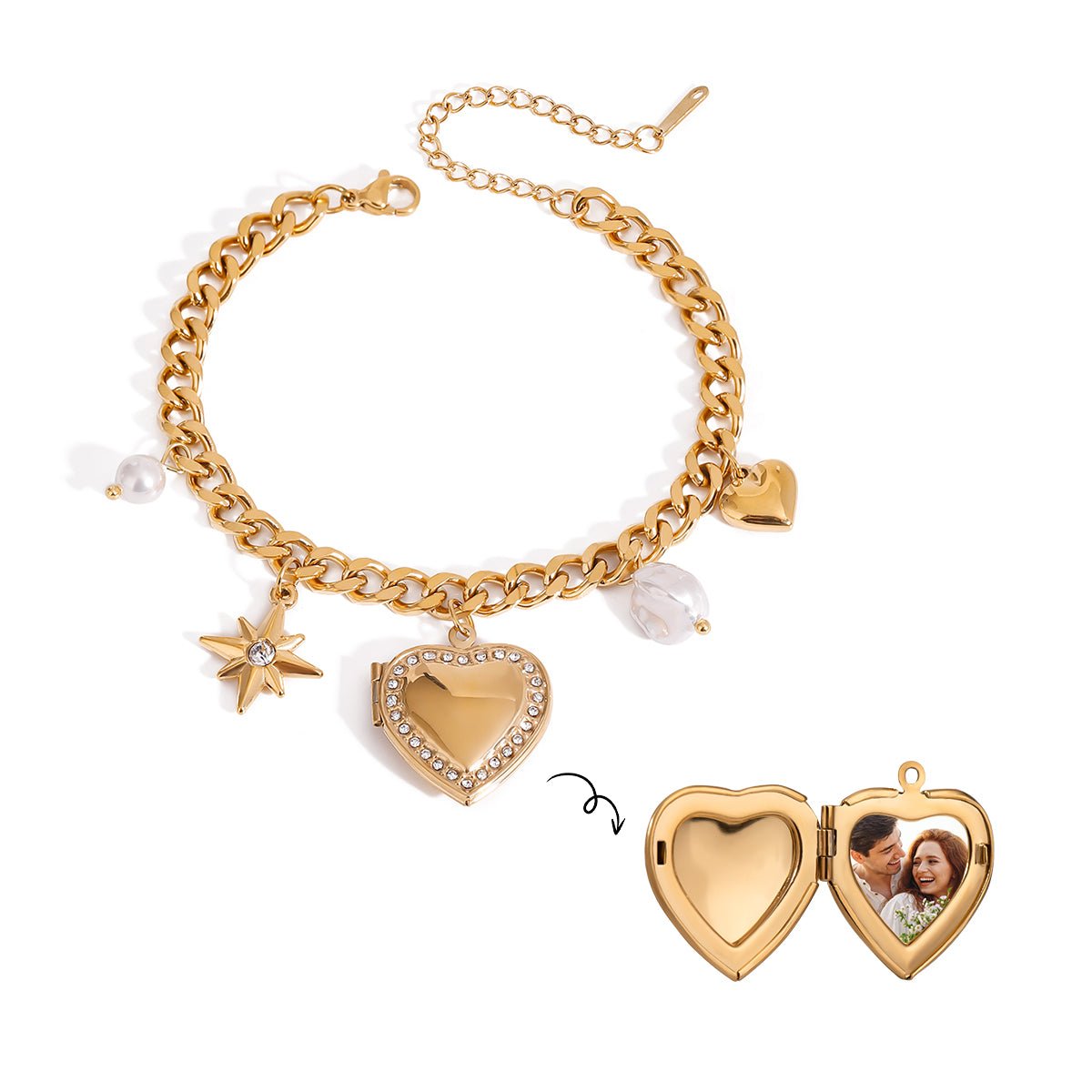 18K Gold Filled Heart Photo Locket Charm Bracelet – Gift Jewelry - Yadman Emarati
