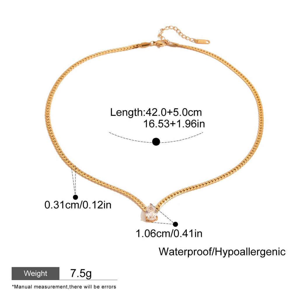Gold necklace with measurements and product details on a white background