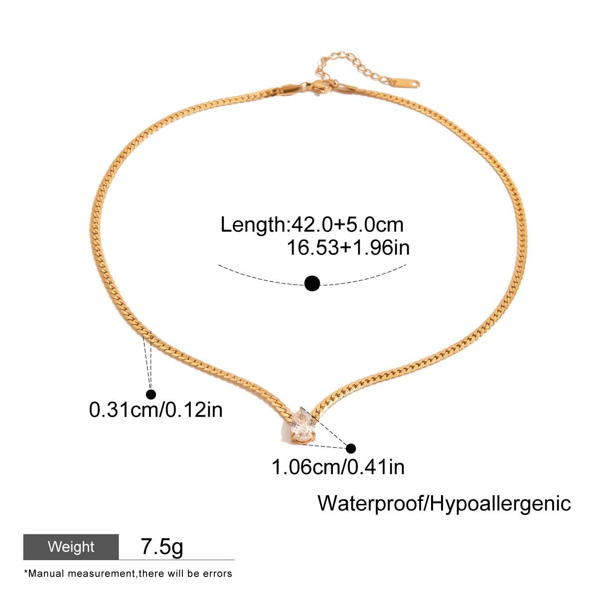 Gold necklace with measurements and product details on a white background