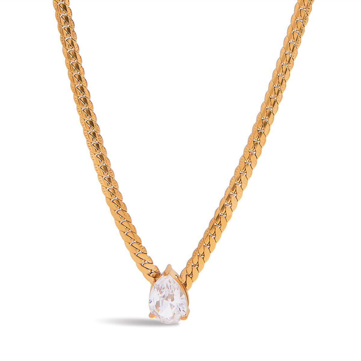 Gold necklace with a teardrop-shaped diamond pendant on a white background