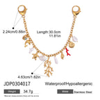 Gold charm bracelet with various charms on a white background, showing measurements and material details.