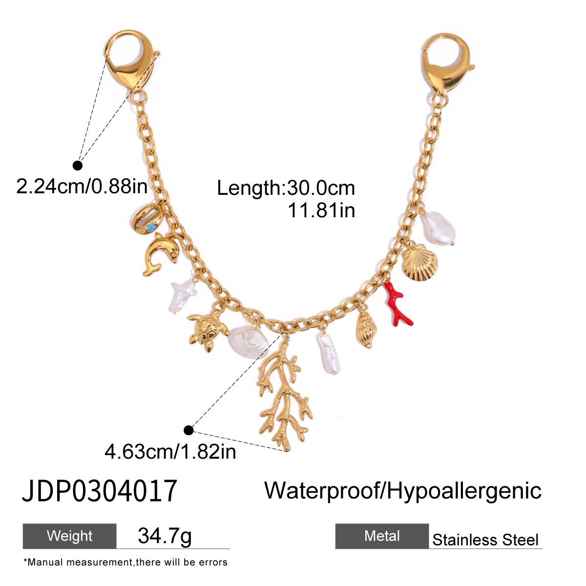 Gold charm bracelet with various charms on a white background, showing measurements and material details.