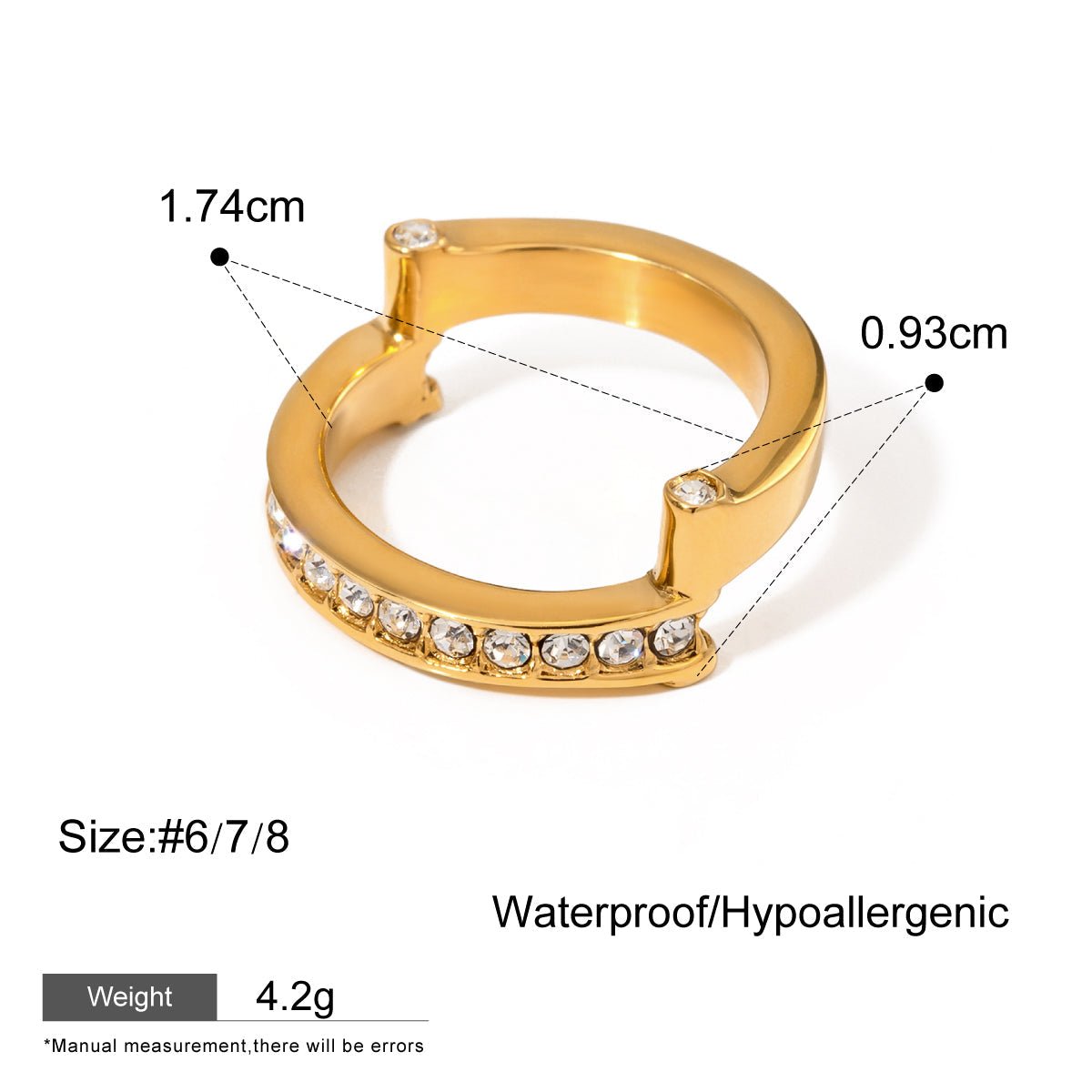 Gold hoop ring with crystal embellishments and measurements on a white background