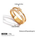 Gold ring with measurement details on a white background