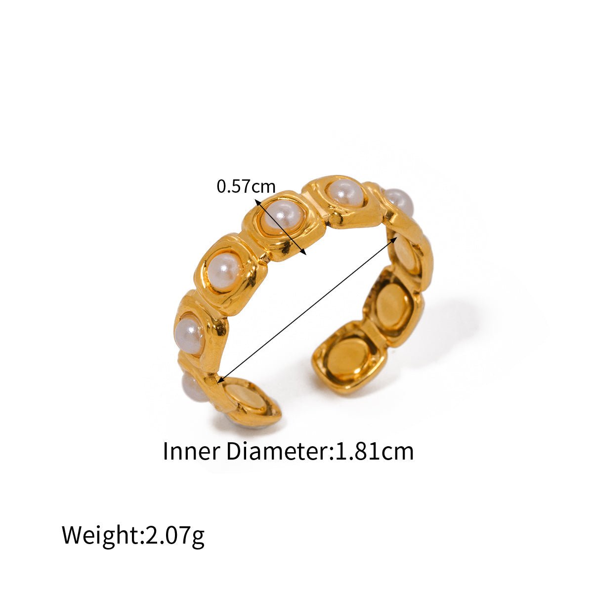 Gold ring with pearls on a white background, showing measurements.