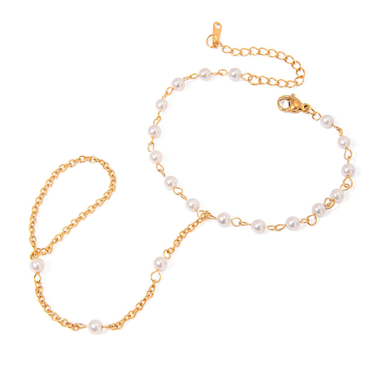 Gold chain necklace with pearl beads on a white background