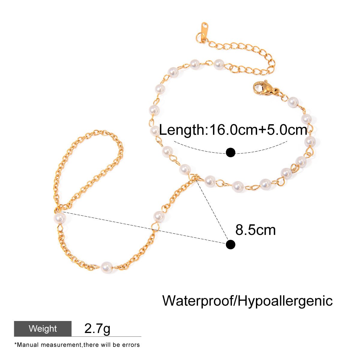Gold and pearl necklace with measurements and product details on a white background