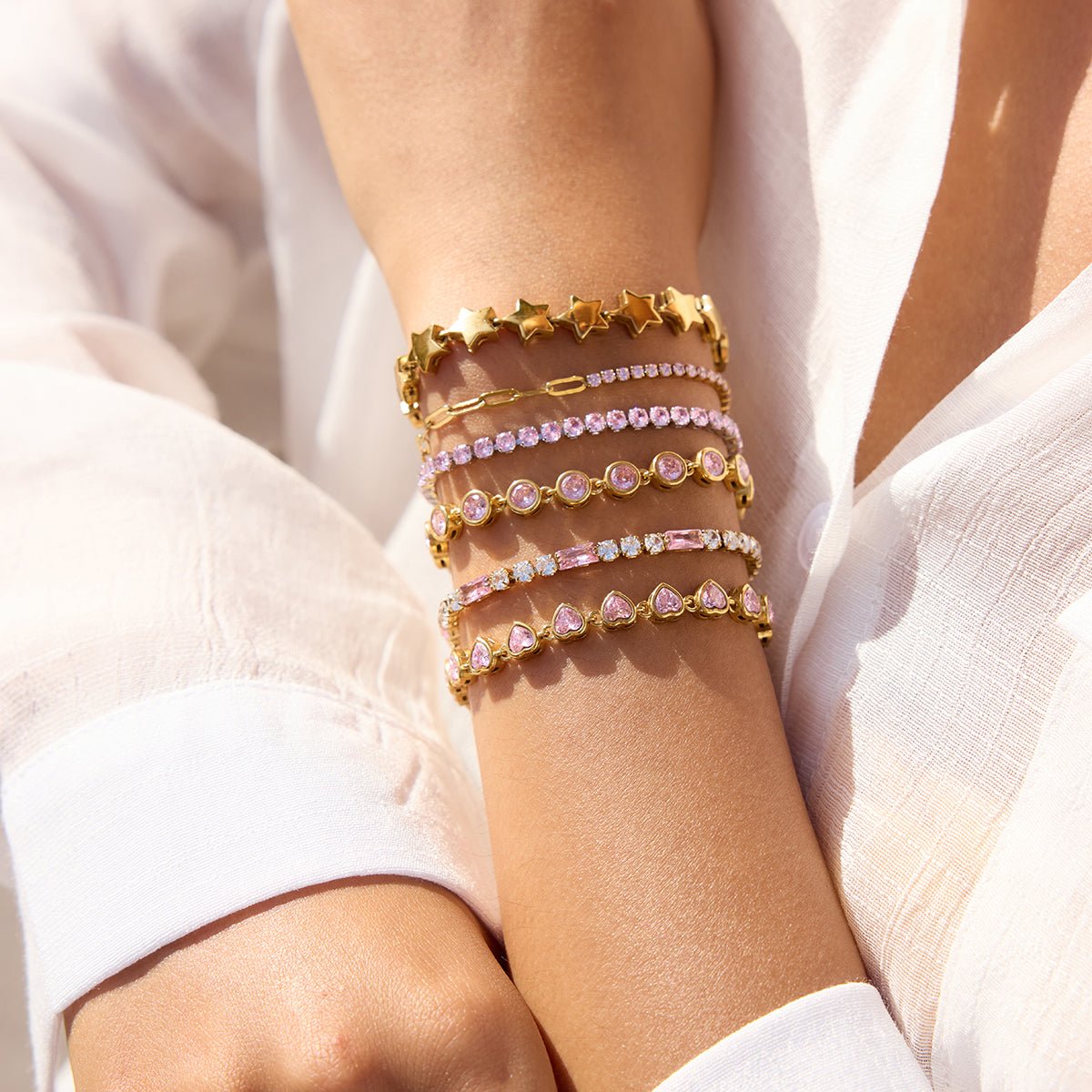 Close-up of prong-set pink amethyst bracelet