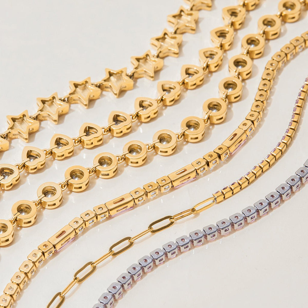 Romantic pink heart tennis bracelet flat lay