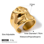 Gold ring with measurements and features on a white background