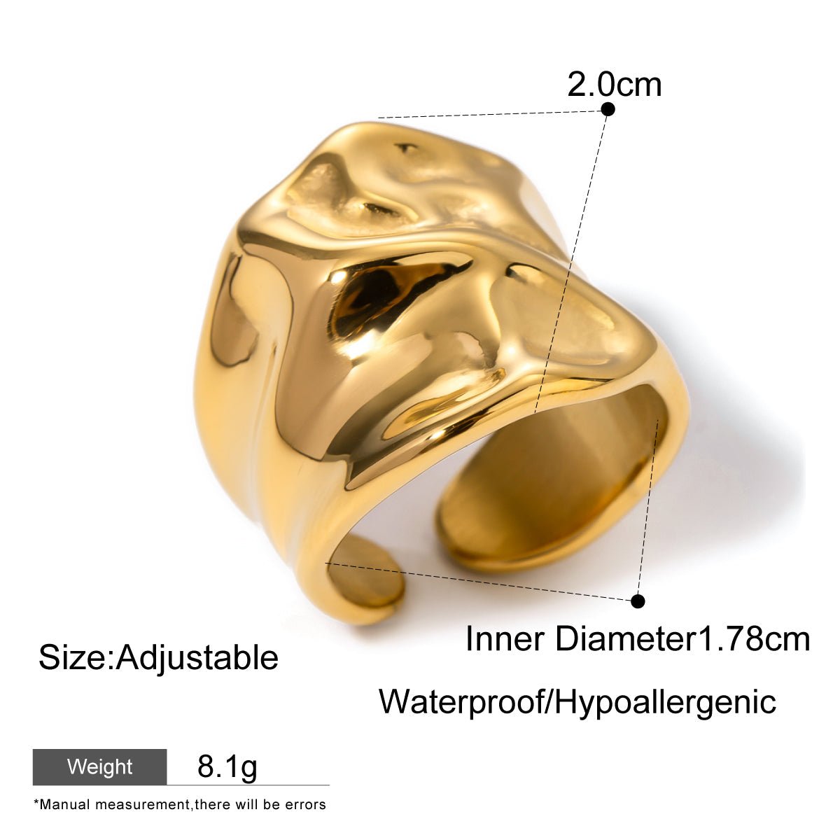 Gold ring with measurements and features on a white background
