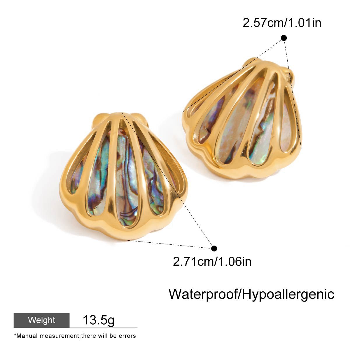 Gold earrings with multicolored stones, showing measurements and product details on a white background.