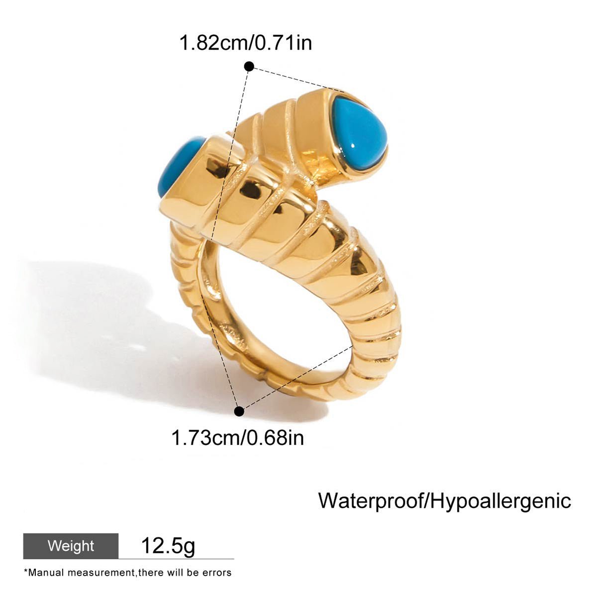 Gold ring with blue stones and measurements on a white background