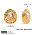 Gold hoop earrings with a central gemstone, shown with measurements and product details on a white background.