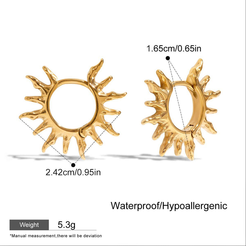 Gold sun-shaped earrings with measurements and product details on a white background
