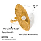 Gold ring with a pearl on a white background, showing measurements and product details.
