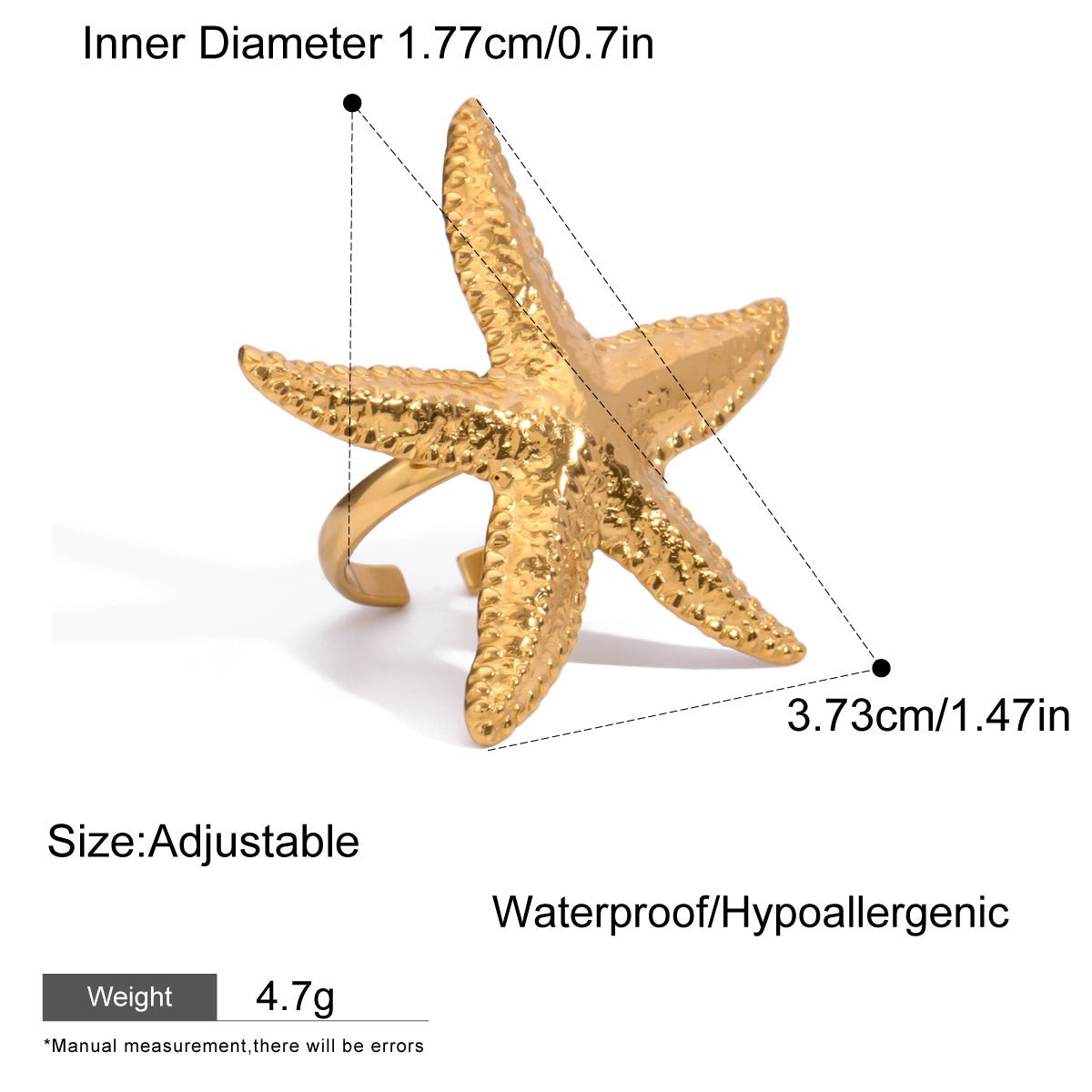 Gold starfish-shaped ring with measurements and product details on a white background