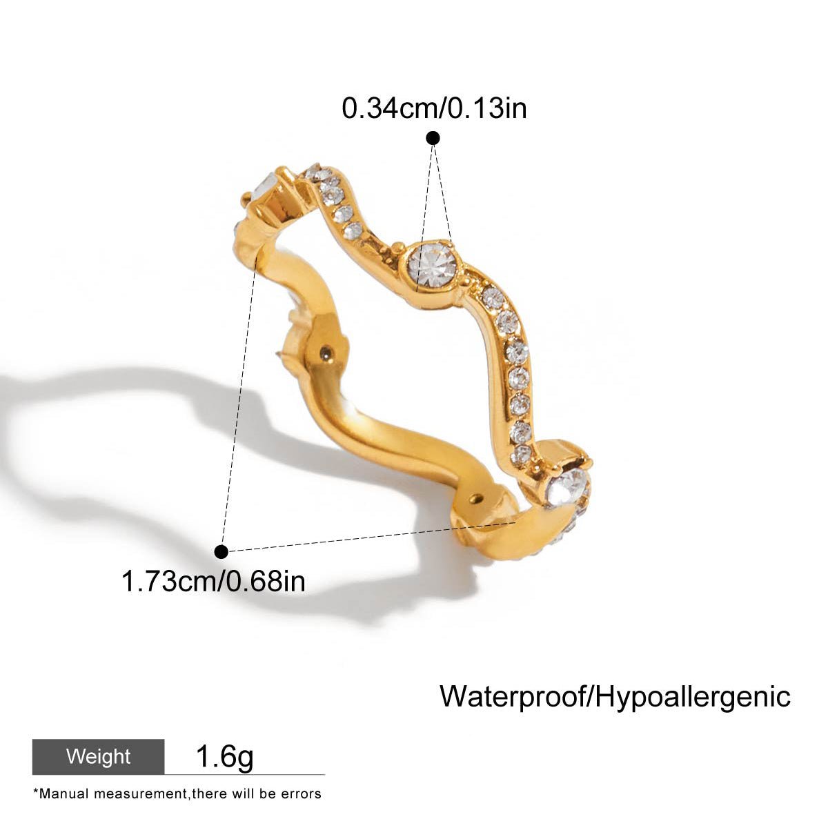 Gold ring with measurements and features on a white background