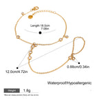 Gold bracelet with measurements and product details on a white background