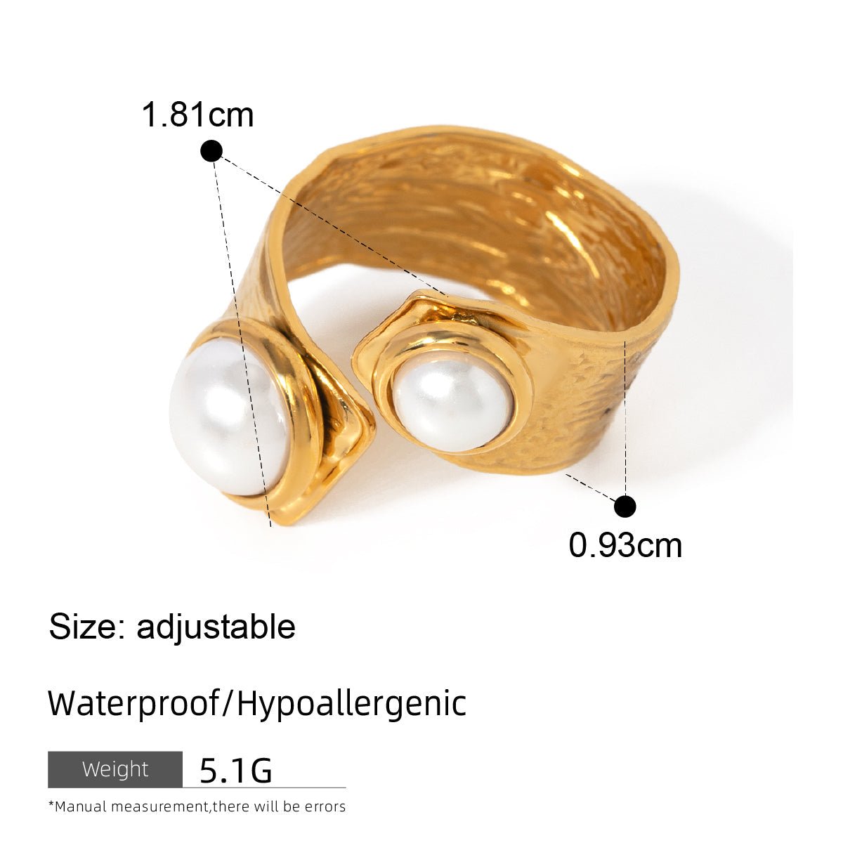 Gold ring with pearls and measurement details on a white background