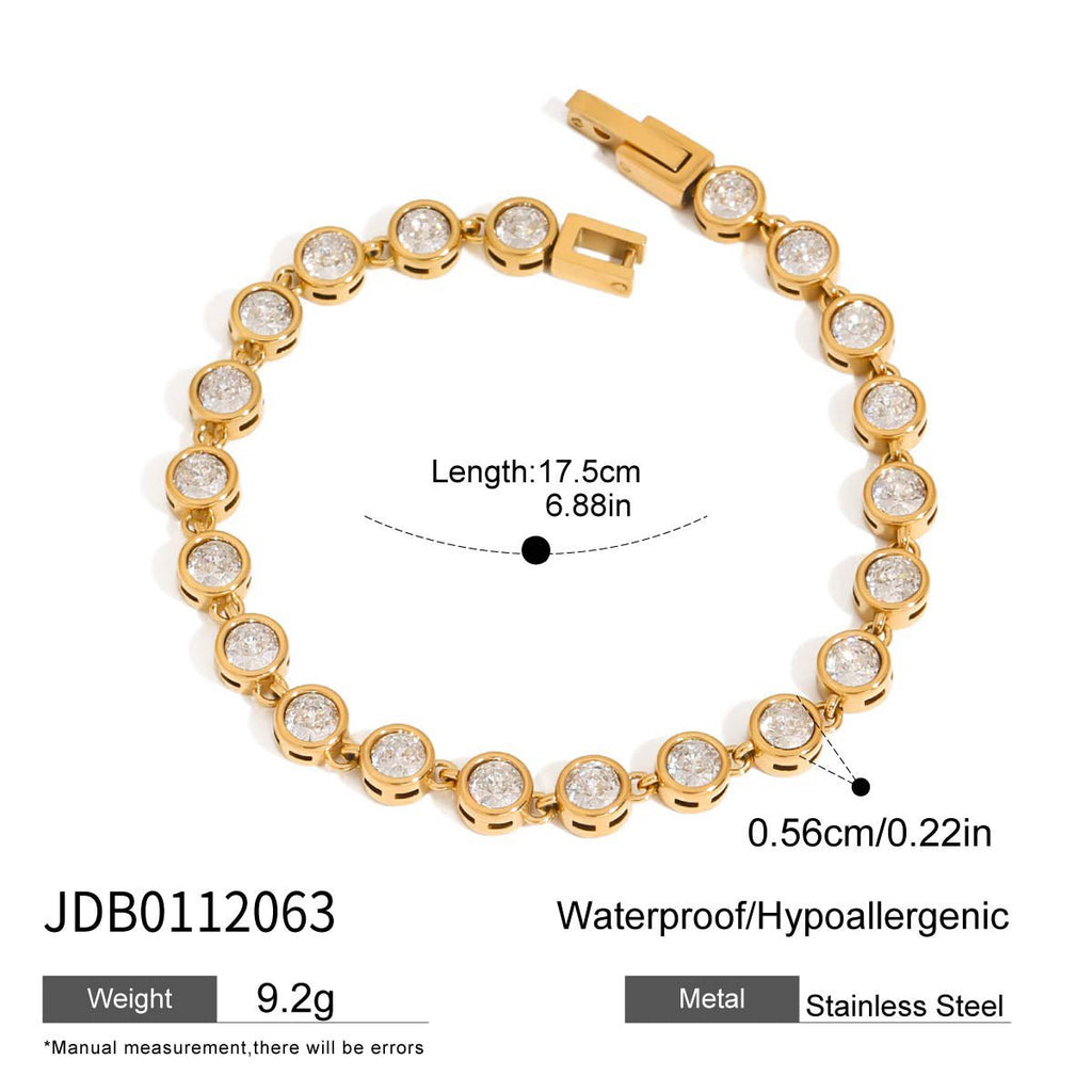 Gold bracelet with diamond-like stones on a white background, showing measurements and material details.