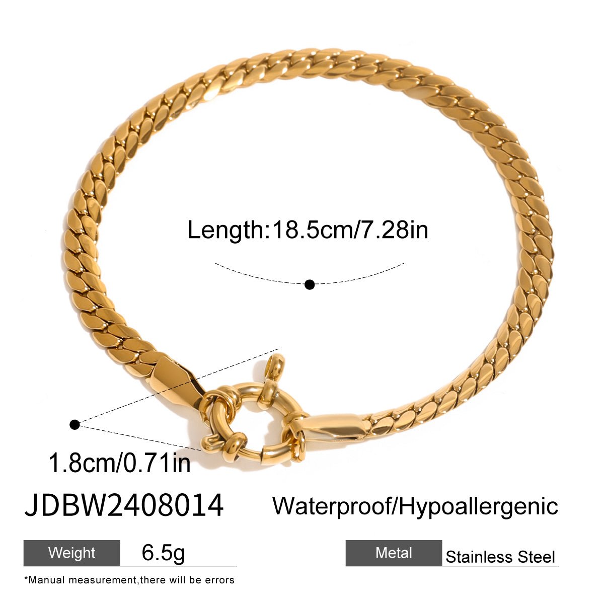 Gold bracelet with measurements and product details on a white background