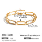 Gold bracelet with measurements and product details on a white background