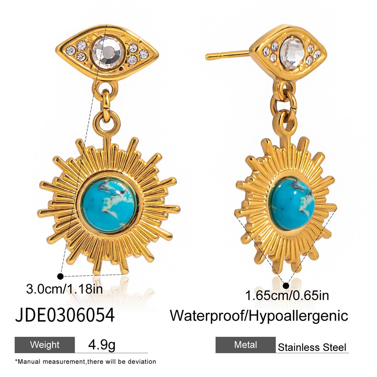 Gold earrings with sun design and turquoise center, labeled JDE0306054.
