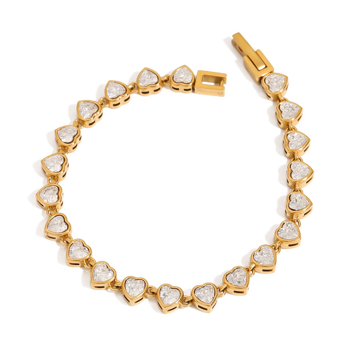 Gold bracelet with heart-shaped diamond accents on a white background