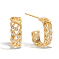 Gold hoop earrings with intricate design and small crystals on a white background