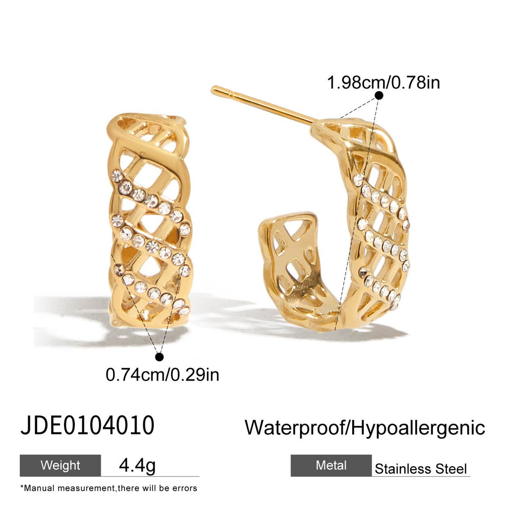 Gold hoop earrings with measurements and product details on a white background