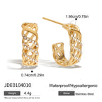 Gold hoop earrings with measurements and product details on a white background