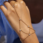 Gold chain bracelet with small diamonds on a wrist against a blurred background