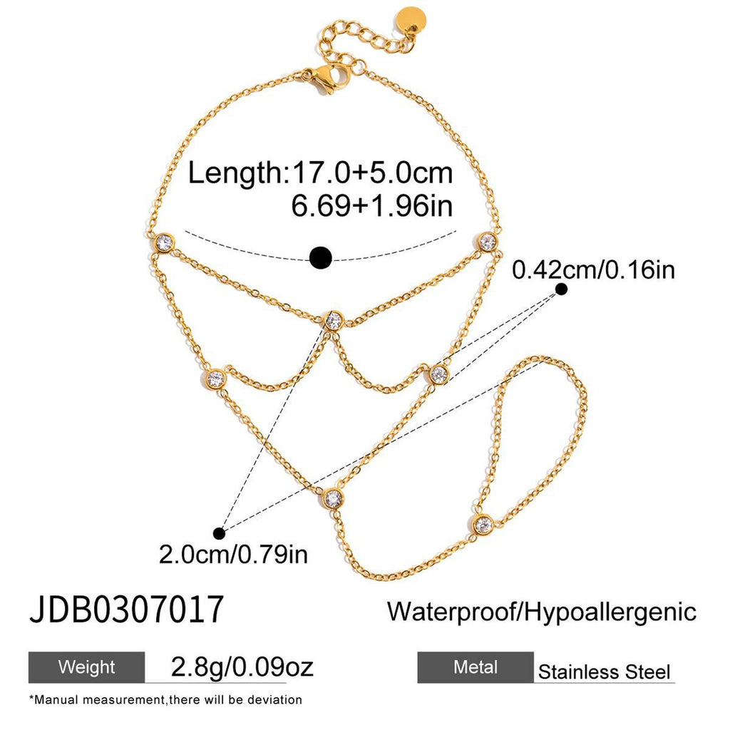 Gold chain bracelet with measurements and product details on a white background