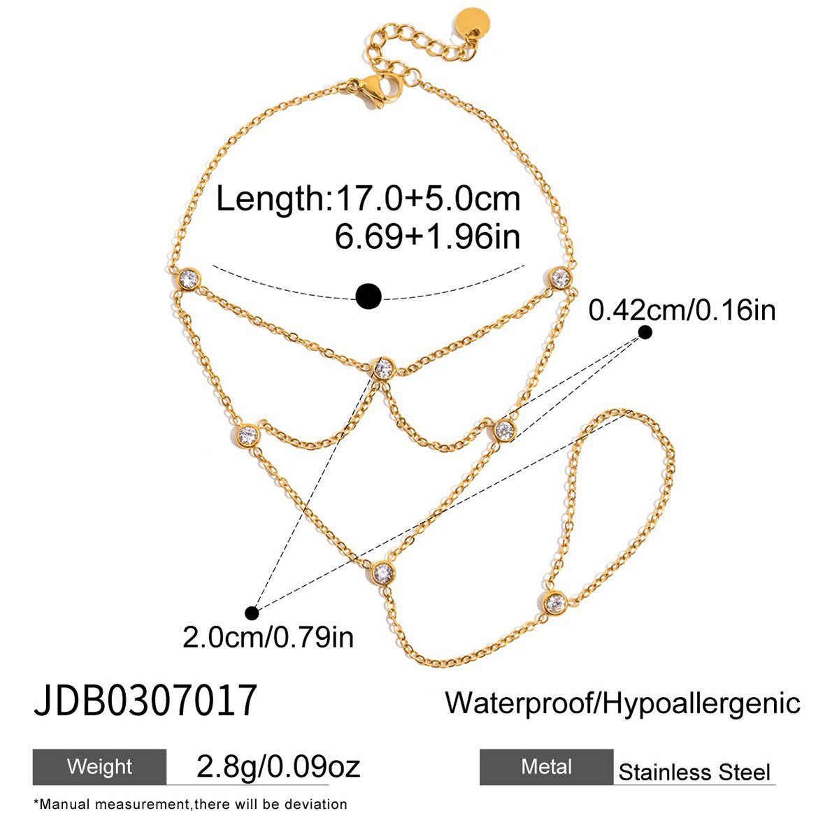 Gold chain bracelet with measurements and product details on a white background