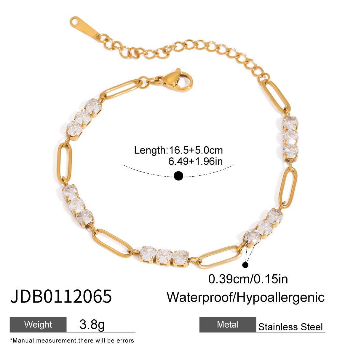 Gold bracelet with clear stones on a white background