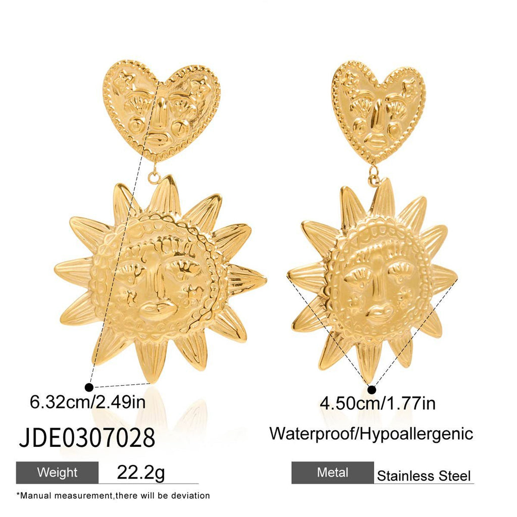 Gold heart and sun-shaped earrings with measurements and material details on a white background