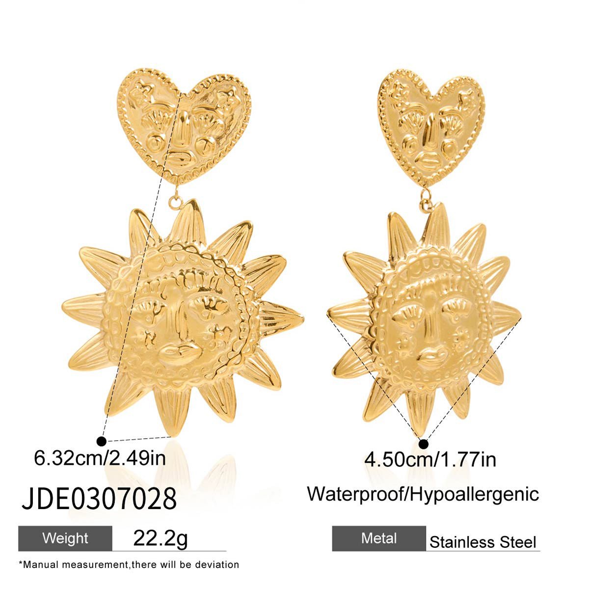 Gold heart and sun-shaped earrings with measurements and material details on a white background